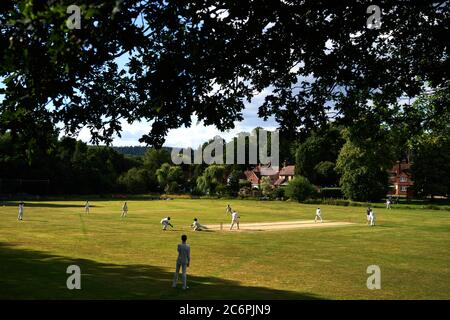 Abinger Hammer cricket Club play Worplesdon & Burpham cricket club, Surrey. Stock Photo