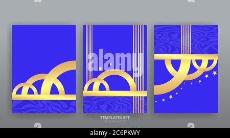 Golden luxury minimalistic abstract bacgrounds set. Art deco, art nuovo style design, geometric minimal modern template. Vector set Brochure, Invitati Stock Vector