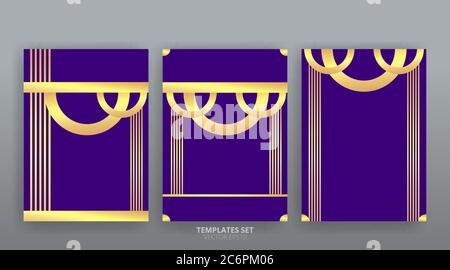 Golden luxury minimalistic abstract bacgrounds set. Art deco, art nuovo style design, geometric minimal modern template. Vector set Brochure, Invitati Stock Vector