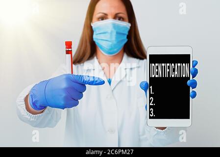 Text sign showing Identification. Business photo text an action or procedure to identify someone or something Laboratory technician featuring empty st Stock Photo
