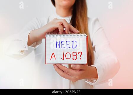 Text sign showing Need A Job Question. Business photo text to recruit an individual for specific duty role or function Model displaying different empt Stock Photo