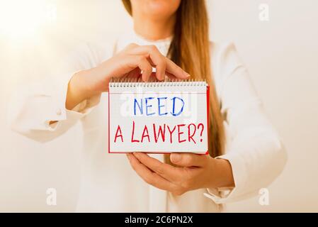 Text sign showing Need A Lawyer Question. Business photo text asking someone who needs legal issues and disputes Model displaying different empty colo Stock Photo