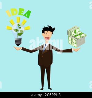 Flat vector businessman keep in one hand lamp with growing sprout idea in another huge money packs. Vector illustration concept with money and idea f Stock Vector