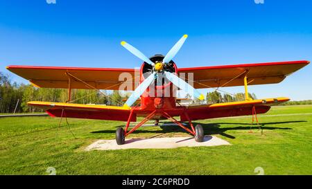 MINSK, BELARUS - MAY 05, 2016: The Antonov An-2 aircraft in the open air museum of old civil aviation near Minsk airport. An-2 is a Soviet biplane air Stock Photo