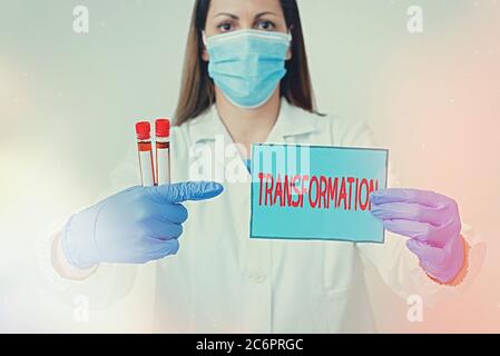 Word writing text Transformation. Business photo showcasing a dramatic or sweeping alteration of shape or appearance Laboratory technician featuring e Stock Photo