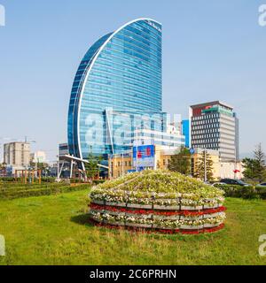 ULAANBAATAR, MONGOLIA - JULY 12, 2016: The Blue Sky Tower is located in Ulaanbaatar, Mongolia. The skyscraper is used as office space, conferences, a Stock Photo