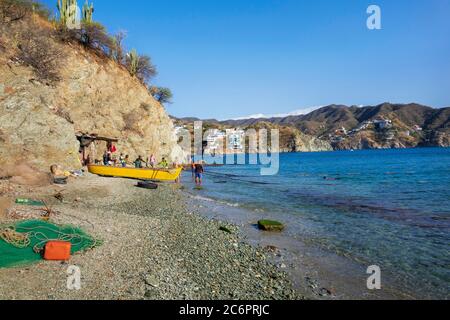 Taganga-Santa-Marta-Colombia, 29. February 2020: Taganga is a fishing village on the Caribbean coast in northern Colombia. The place is north of Santa Stock Photo