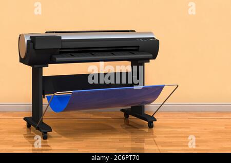 Plotter, large format inkjet printer in room near wall, 3D rendering Stock Photo