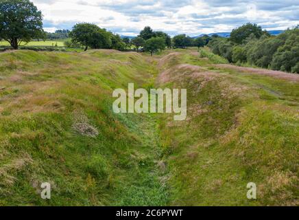 Aerial view of the Antonine Wall at Rough Castle Fort, a Roman defensive fort near Falkirk, Scotland, UK. Stock Photo