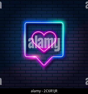 Neon heart in speech bubble on dark brick wall background. Glowing like symbol in frame, vector illustration Stock Vector