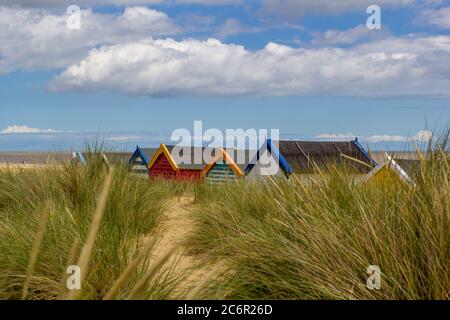 The tops of colourful wooden beach huts hidden by long grass and sand dunes on the Suffolk coast Stock Photo