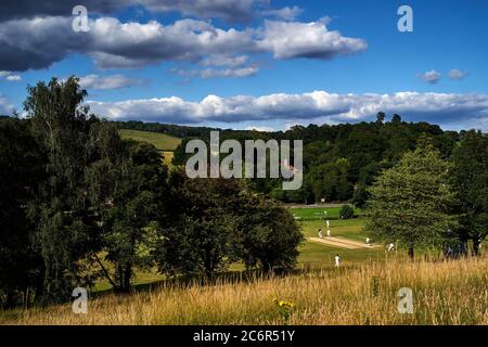 Abinger Hammer Cricket Club play Worplesdon & Burpham cricket club, Surrey. Stock Photo