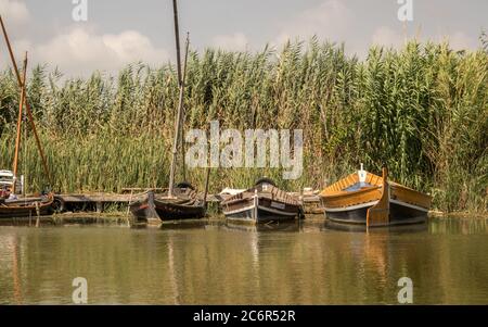 group of traditional wooden boats. Latin sailing ships, in the harbor of the Albufera in Valencia Spain Stock Photo