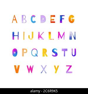 Hand painted watercolor alphabet letters in violet, blue, orange, yellow, pink colors. Collage of paper-cut abc elements isolated on white. Artistic lettering set perfect for print, poster. Stock Photo