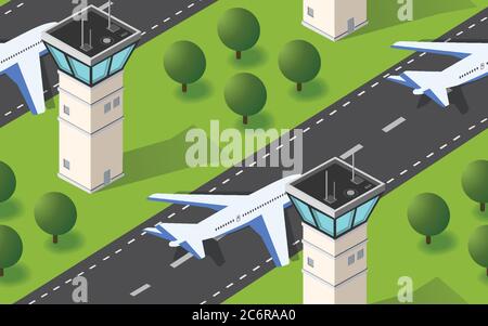 Seamless pattern Isometric 3D city airport Stock Vector