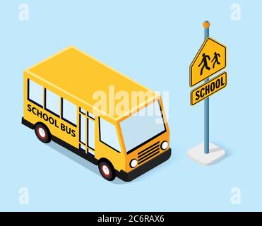 Isometric school bus urban infrastructure Stock Vector