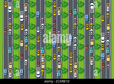 Road top view with highways many different vehicles Stock Vector