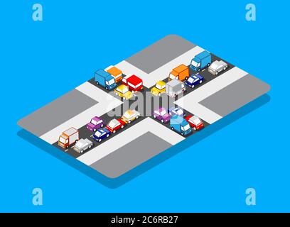 isometric crossroads traffic jam on the street Stock Vector