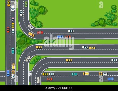 Road top view with highways many different vehicles Stock Vector