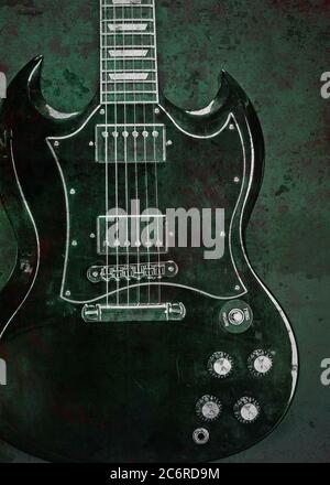 A Gibson SG Standard Electric Guitar with green grunge effect. Stock Photo