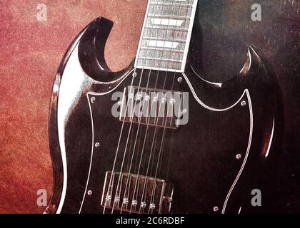 A Gibson SG Standard Electric Guitar with red grunge effect. Stock Photo