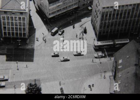 Fine 70s vintage black and white lifestyle photography aerial view of a traffic intersection. Stock Photo