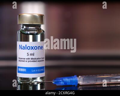 Vial of naloxone with syringe. a fast-acting medication to temporarily reverse the effects of an opioid overdose Stock Photo