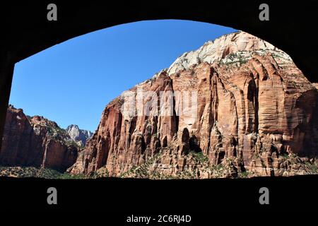 View From Inside The Zion-Mount Carmel Tunnel Zion National Park Utah Stock Photo