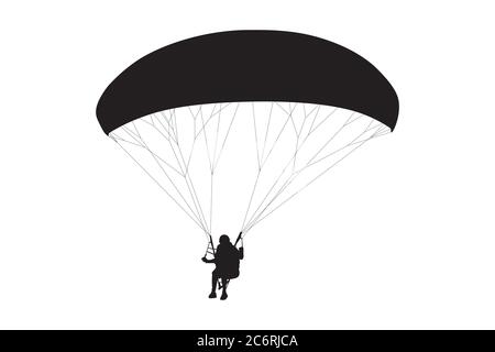 Vector silhouette of parachutist skydiving on parachute from the sky, illustration of skydiver flying on extreme air adventure sport Stock Vector