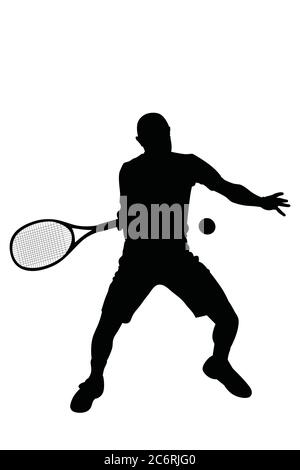 Vector silhouette of a tennis player in a ball game at a professional sports tournament, illustration of a male athlete smashing the ball with racket Stock Vector