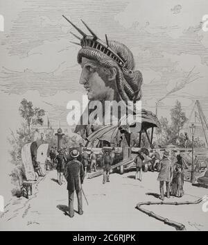 Historia de Francia. Siglo XIX. Exposición Universal de París 1878. Cabeza de la estatua colosal de'La Libertad iluminando al Mundo'que ha de servir de faro en el puerto de Nueva York, presentada en el Campo de Marte. Dibujo del natural por Pellicer. Grabado por Capuz. La Ilustración Española y Americana,1878. Stock Photo