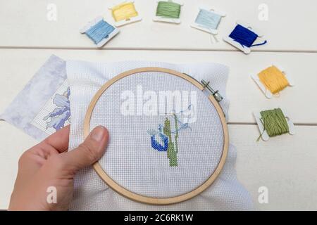 Embroidery in the Lady's hands needlework accessories Stock Photo