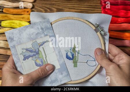 Embroidery in the Lady's hands needlework accessories Stock Photo