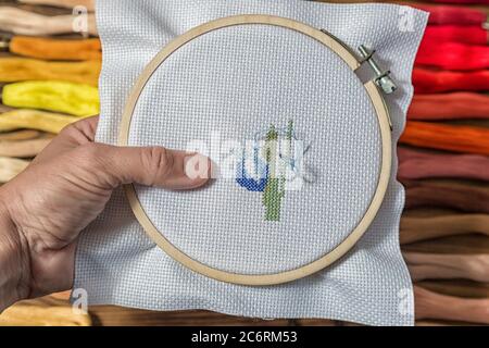 Embroidery in the Lady's hands needlework accessories Stock Photo