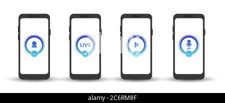 Set of live streaming icons. Gradient symbols and buttons of live streaming, broadcasting, online webinar. Label for tv, shows, movies and live Stock Vector