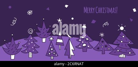 Christmas greeting card with Doodle trees. Hand drawn Christmas banner. Winter forest background Stock Vector