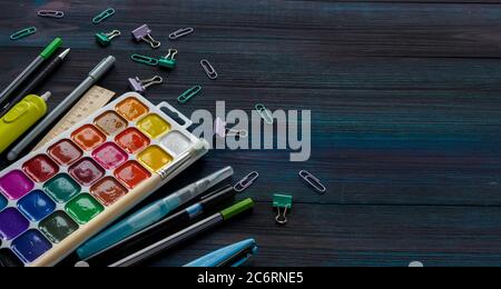 School supplies on a wooden background ,mockup, template. High quality photo Stock Photo