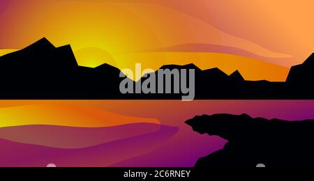 Abstract minimal landscape with mountains and river, lake or sea, geometric cartoon summer landscape Stock Vector