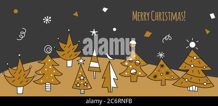 Christmas greeting card with Doodle trees. Hand drawn Christmas banner. Winter forest background Stock Vector