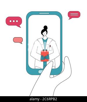 Smartphone screen with female doctor on chat in messenger. Online consultation. Online medical advise or consultation service, tele medicine, cardiolo Stock Vector