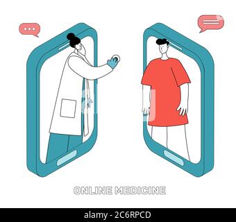 Smartphone screen with female doctor on chat in messenger. Online consultation. Online medical advise or consultation service, tele medicine, cardiolo Stock Vector