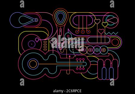 Neon colors isolated on a black background Music Instruments vector illustration. Line art silhouettes of guitar, saxophone, piano keyboard, trumpet, Stock Vector