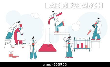 Science lab. Laboratory assistants work in scientific medical chemical or biological lab setting experiments. Stock Vector