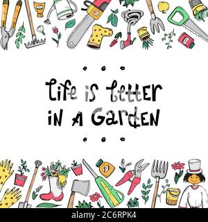 An illustration with lettering and hand-drawn doodles about a country house, garden equipment, and growing vegetables. Life is better in a garden Stock Vector