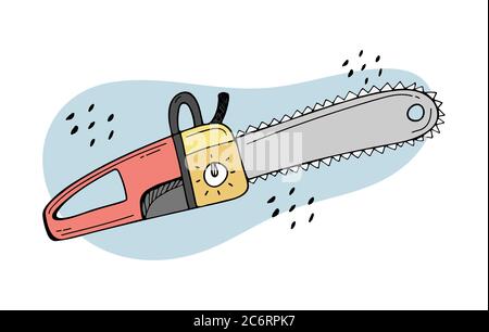 Doodle illustration of a chainsaw. Gardening power tools. The cutting of trees. Building tool. Stock Vector