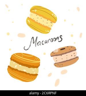 Colorful macaroons cookies. Menu dessert label product placements Stock Vector