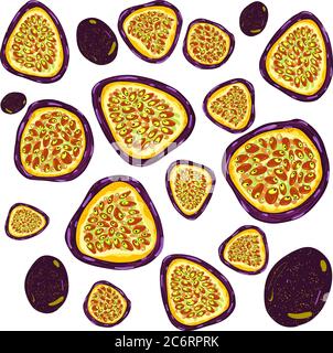Hand drawn illustration of purple passion fruit and bright slice of tasty fruits Stock Vector