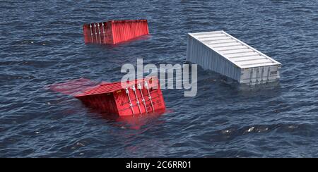 shipping containers lost at sea - 3D Rendering Stock Photo