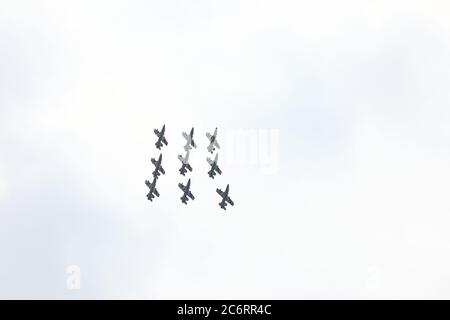 Italian Air Force aerobatic demonstration team, Frecce Tricolori, give an air display above Sirmione in North East Italy. Stock Photo