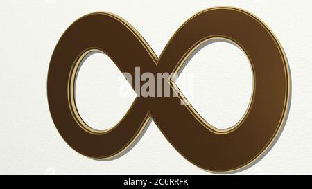 infinity sign from a perspective on the wall. A thick sculpture made of metallic materials of 3D rendering. illustration and abstract Stock Photo
